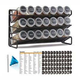 SpaceAid Spice Rack Organizer with 21 Spice Jars, 386 Spice Labels, Chalk Marker and Funnel Set for Cabinet, Countertop, Pantry, Cupboard or Door & Wall Mount - 21 Jars, 13.4" W × 9" H, Black