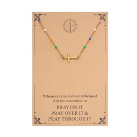 Dkodfi Cross Necklace for Women, 14K Gold Plated Minimalist Cross Necklace Dainty Small Pendant Choker with Colorful Beads,Inspirational Gifts Christian Necklace for Women Funny Gift for Lover