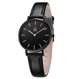 SHENGKE SK Ultra Thin Minialist Women Watches Simple Two Hands Ladies Dress Watch Leather Strap (Black)