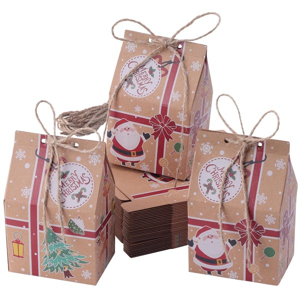 Kinsinder Christmas Party Gift Boxes, House Shape Christmas Paper Candy Boxes, Xmas Party Favour Bags with Hemp Ropes for Christmas Party Decorations (Round Christmas, 30pcs Kraft Paper)