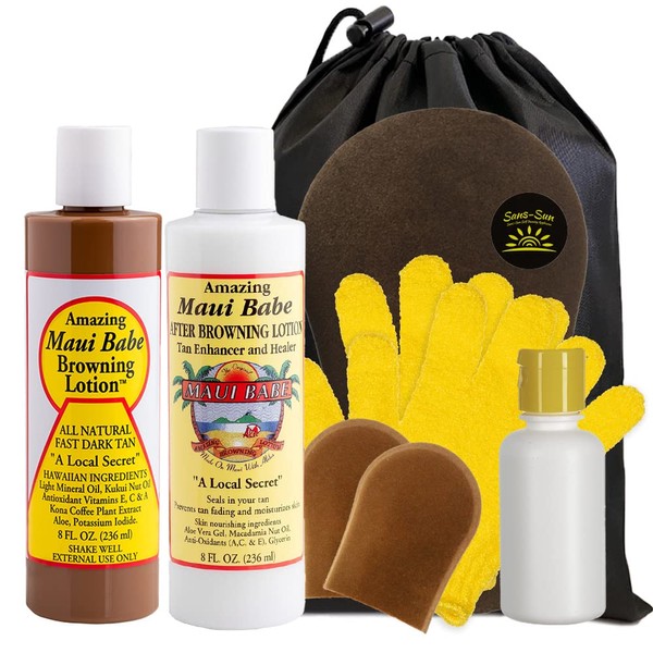Maui Babe Browning Lotion 8oz & Maui Babe After Browning Lotion 8oz (9 Pc Deluxe Maui Babe Package) Outdoor Tanner & After Sun Enhancer Lotion Kit with Tanning Mitts, Travel Bottle, Draw String Bag & 2 Exfoliation Gloves -Hawaiian Dark Tanning Formula an