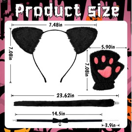 Disfraz de gato para mujer, diadema negra con orejas de gato para mujer, cola, gargantilla de campana y guantes, paquete de 4, accesorios para disfraz de cosplay de Halloween para adultos
