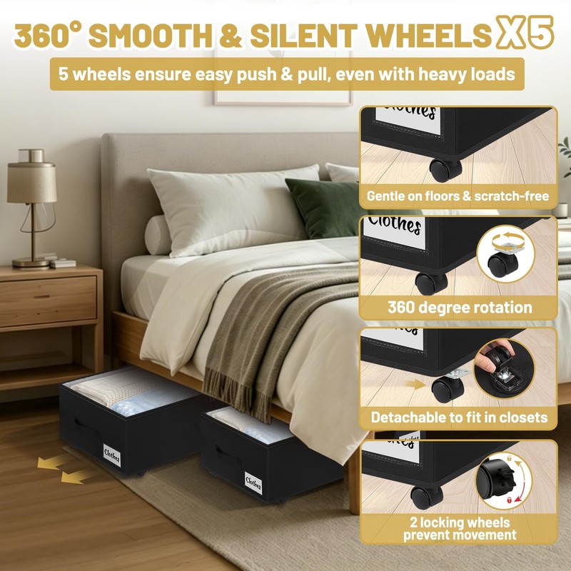Under Bed Storage with Wheels, 2 Pack Underbed Storage Containers