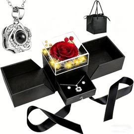 Nasjac Flor Rosa Eterna, Regalos para Mujer Collar Rosa Preservada Conservadas, Con Collar Pendientes de Mujer, I Love You 100 Idiomas, Regalo de San Valentín Día de la Madre para Esposa Novia Mamá