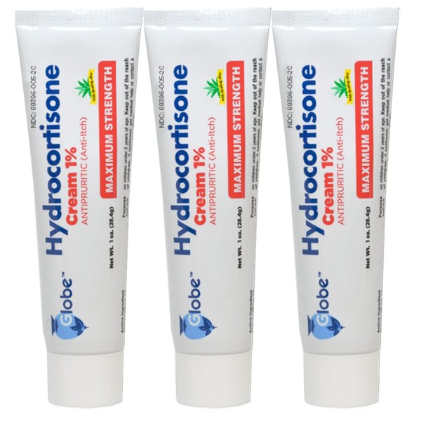 (3 Pack) Globe Hydrocortisone Maximum Strength Cream 1% w/ Aloe, Anti-Itch Cream for Redness, Swelling, Itching, Rash & Dermatitis, Bug/Mosquito Bites, Eczema, Hemorrhoids & More