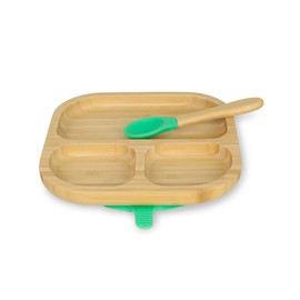 BIOZOYG Bamboo Plate Set Square I Suction Plate with Spoon - FSC Certified I Cute Bamboo Wooden Bowl Set Toddler - Children's Plate & Snack Bowl I Baby Bamboo Tableware Square Green
