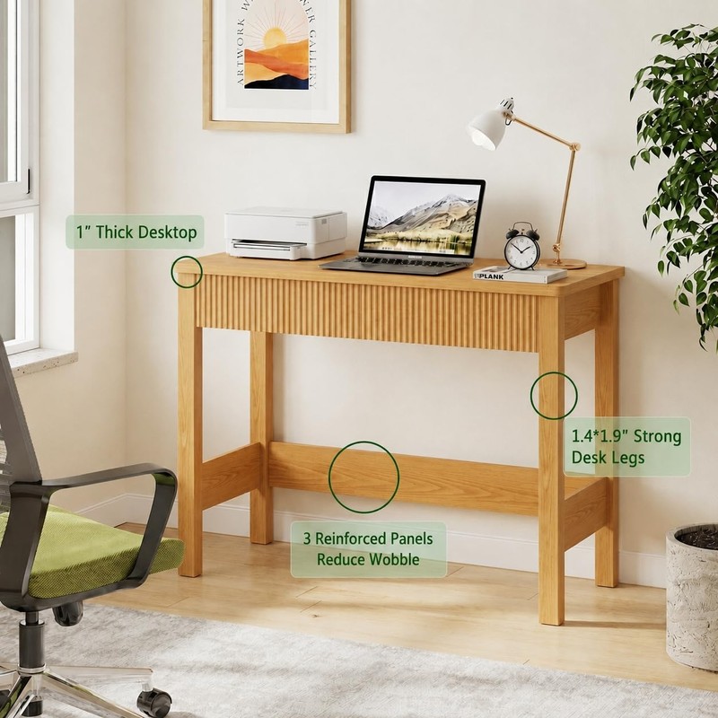 Fluted Light Oak Desk with 2 Drawers - 39 Inch