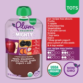 Plum Organics Mighty Morning Organic Toddler Food - Apple, Blackberry, Purple Carrot, Greek Yogurt, and Oat - 4 oz Pouch (Pack of 6) - Organic Fruit and Vegetable Toddler Food Pouch