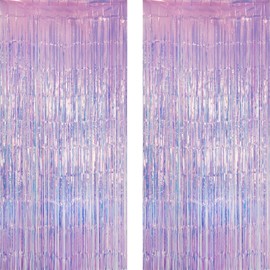 GREATRIL Holographic Tinsel Foil Fringe Curtain, 3.2 x 6.5 ft, Iridescent Party Streamers, 2 Pack (Purple)