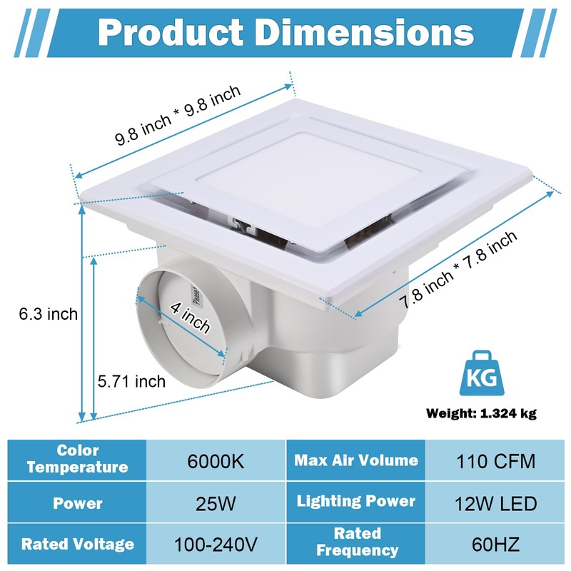 FEITON Bathroom Exhaust Fan with Light, Ceiling Mount, 110 CFM