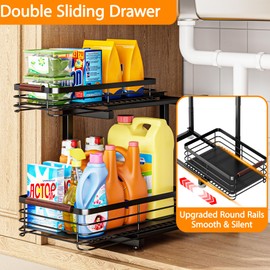 Clothink Under Sink Organizer 2 Pack,Height Adjustable Metal Under The Sink Organziers and Storage,2 Tier Pull Out Cabinet Organizer Shelf with Hooks Suitable for Kitchen Bathroom Laundry Pantry RV