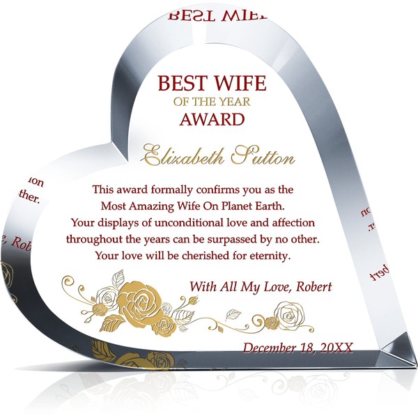 Personalized Heart Shape Crystal Best Wife of the Year Award, Customized with Love Message and your names, Unique Custom Gift to Wife on her Birthday, Anniversary, Christmas or Mother's Day (M - 6.5")