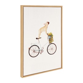 Kate and Laurel Sylvie Frenchie Bulldog on a Bicycle Framed Canvas Wall Art by Amy Peterson Art Studio; 23x33 Natural; Whimsical Animal Dog Art for Wall