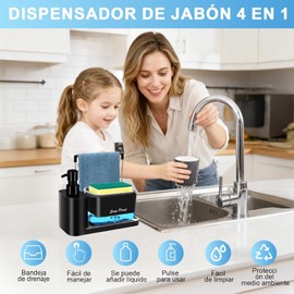 Dispensador de Jabon Cocina 4 en 1 con 2 Esponjas, Set Dispensador de Jabon con Soporte para Trapos y Esponjas, Dispensador Dual para Jabn Lquido y Lavatrastes para Fregadero, Cocina y Bao (Negro)