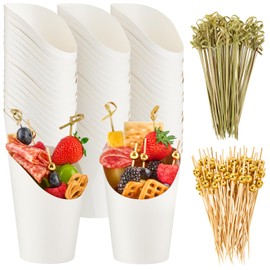 Ocmoiy Charcuterie Cups with Sticks White Disposable 14 oz Kraft Paper Appetizer Cup, Individual Party Serving Snack Cup (50 Cups, 200 Picks)