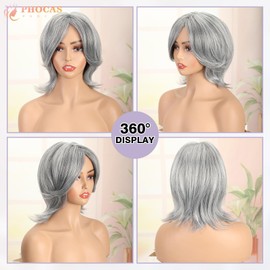 PHOCAS Grey Short Bob Wig Synthetic Layered Silver Gray Wigs with Wavy End Realistic Salt and Pepper Wigs for Women Natural Middle Part Wolf Cut Wig for Daily Use - 10" shoulder length