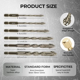 6 Pcs Four-Flute Sawtooth Eccentric Twist Drill Bit, Concrete and Masonry Drill Bit Set, Set for Concrete/Glass/Tile/Wood/Metal, Hexagonal Shank Drills, Short bits, (4/5/6/8/10/12mm)