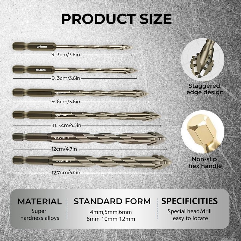 6 Pcs Four-Flute Sawtooth Eccentric Twist Drill Bit, Concrete and