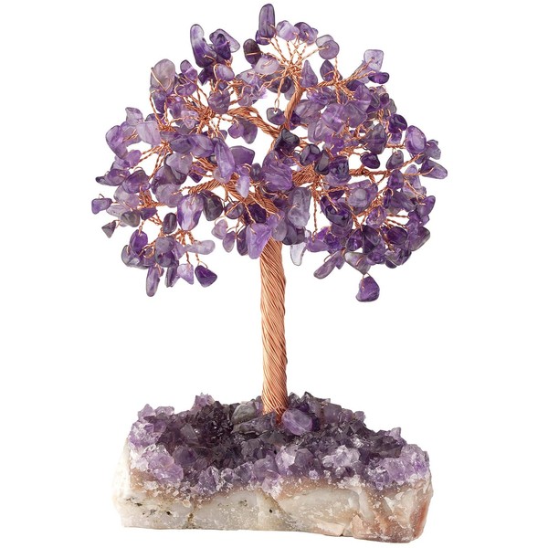 Nupuyai Natural Amethyst Gemstone Tree Raw Stones Decorative Feng Shui Money Tree Figures for Desk and Altar, Crystal Tree with Amethyst Druze Cluster Crystal Base