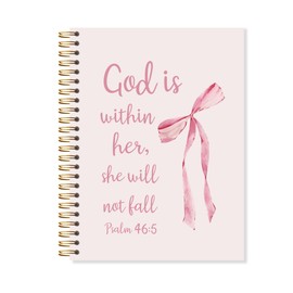 OSLYSOF Coquette Pink Bow Christian Spiral Notebook, God is Within Her She Will Not Fall Bible Journaling Notebook, Prayer Journal for Woman, Scripture Journal 5.5x8.3 Inch with 164 Pages