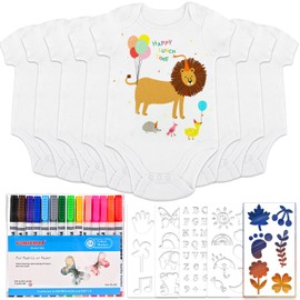 Tigvio Pack of 8 Bibs for Painting, Baby Body Bibs, Painting, Baby Shower Bibs with 8 Short-Sleeved Bodysuits (38 x 21 cm) + 14 Colourful Textile Pens + 5 Stencils for Baby Shower Games Baby Shower,