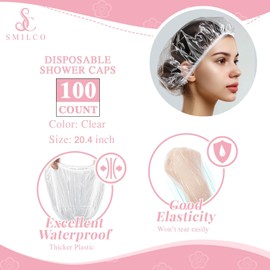 Smilco Disposable Shower Caps 100PCS - 20.4 Inch Large Plastic Clear Hair Cap, Thick Elastic Waterproof Bath Caps - Travel Essentials, Bathing Accessories