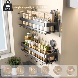 Suction Cup Spice Rack,2 Pack No-trace Seasoning Organizer with 5 Hook Rack/Hangers for Walls,Refrigerator,Oven,Cabinet,No Damage Pantry Organizers and Storage Shelf,Home and Kitchen Gadgets (15.7in)