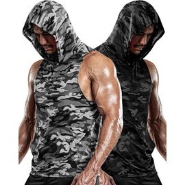 DRSKIN 2 Pack Men's Hooded Tank Tops Bodybuilding Muscle Cut Off T Shirt Sleeveless Gym Training Hoodies Workout Dry (T-Hood (MGY08,MBB10), M)