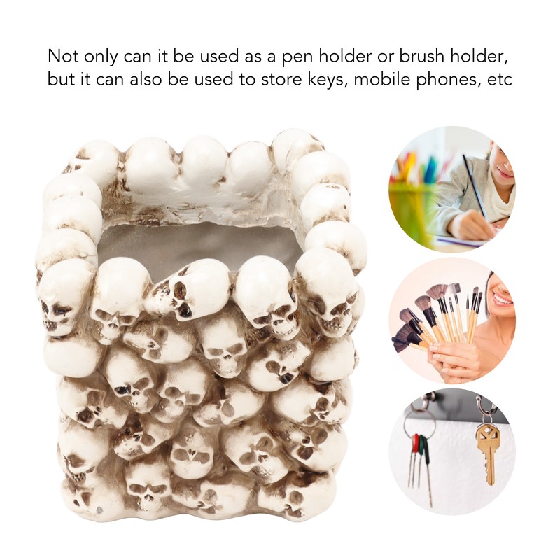 Skull Pen Holder White Resin Makeup Brush Holder Organiser Decoration