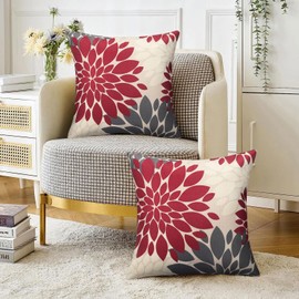 Velvhom Linen Cushion Cover, Red and Grey, Set of 2 Decorative Cushion Covers, Dahlia Flowers Cushion Covers, Sofa Cushion, Soft Decorative Cushion for Couch, Sofa, Living Room, Bedroom, 40 x 40 cm