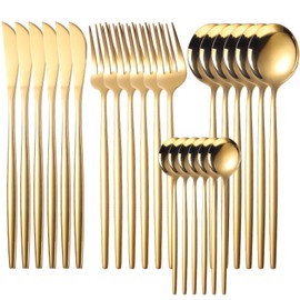 LSXD Juego de Cubiertos de 24 Piezas, Cubiertos de Acero Inoxidable, Servicio de Utensilios para 6, Juego de Cubiertos Pulidos con Espejo, Cuchillo, Tenedor, Cuchara, Apto para Lavavajillas (Oro)