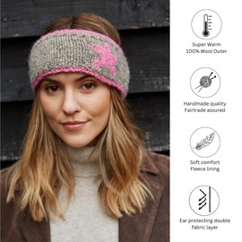 Pachamama Women Wool Ear Warmer Headband Fleece Lined Handknitted Star Design One-Size Handmade Fair Trade (Grey)