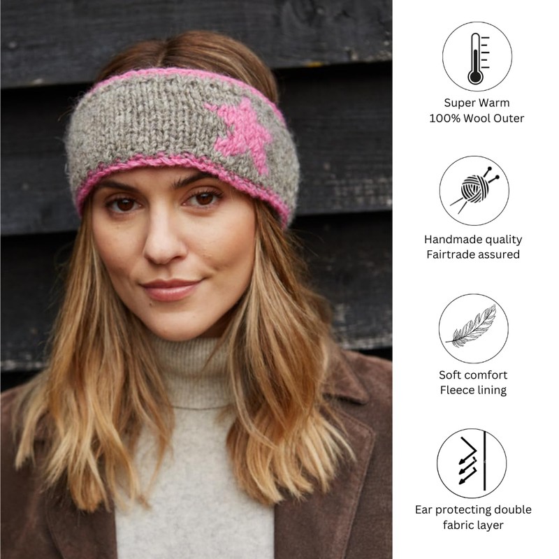 Pachamama Women Wool Ear Warmer Headband Fleece Lined Handknitted Star