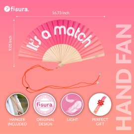 Fisura – Original Folding Handheld Fan with Fun Message “It´s a match”. Wooden Folding Fan for women. Pink Design with Hanger for Wedding, rave, festival. Size: 42.5 x 23 cm