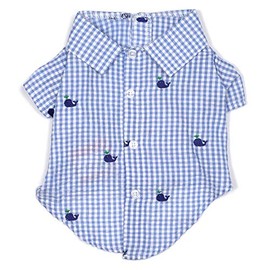 The Worthy Dog Gingham Check with Embroidered Blue Whales Pattern Designer Collared Fabulously Stylish Shirt for Dog & Cat, Casual Outfit, Fits Small Dogs, Cats, Blue and White Color