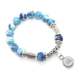 Tibetan vintage women's bracelet in white jade bead, blue and purple coloured with a pendant in the shape of a Chinese painting