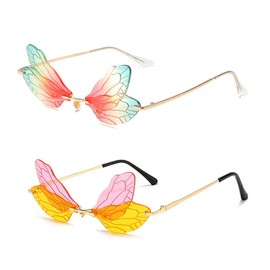 ENTHYI Dragonfly Wing Shape Sunglasses for Women/Men Frameless Irregular Glasses Shades Party Sun Glasses (pink green/purple yellow)