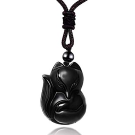 JewelBeauty Fox Black Obsidian Necklaces Healing Crystal Gemstone Lucky Amulet Talisman Protection Necklace for Women Men (Black Obsidian)