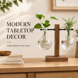 Desktop Hydroponic Plant Propagation Vase with Wooden Stand and 2 Glass Bulbs – Decorative Rooting Station for Home, Office, and Tabletop Décor