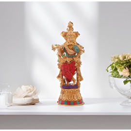 Purpledip Brass Idol Krishna: Gemstones Overlay Statue for Home Temple (11236)