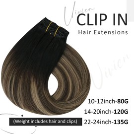 Vivien Balayage Clip-In Extensions, Ombre, Natural Black to Dark Brown with Ash Blonde, Ombre, #1B/4/18, Real Hair Extensions, 35 cm, 100% Remy, 120 g, 7 Pieces