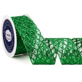 VATIN 2-1/2" Green Christmas Ribbon, Green Glitter Mesh Diamond Web Sequin Dots Wired Christmas Ribbon for Gift Wrapping Bow Making Wreath Supply-10 Yards