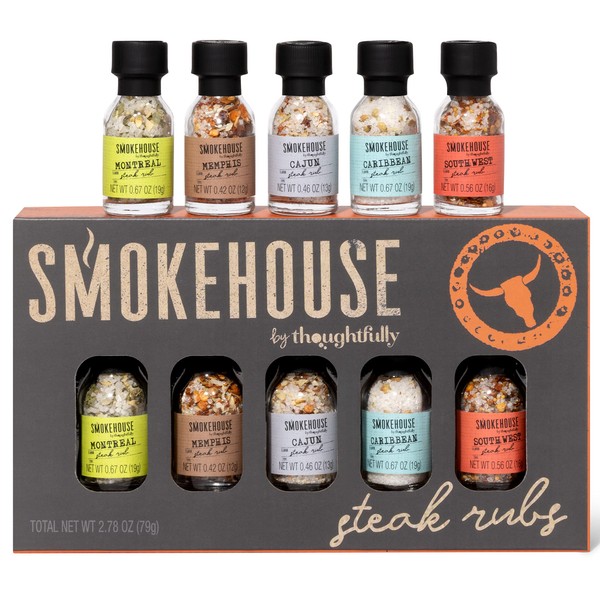 Smokehouse by Thoughtfully, Steak Rubs in Mini Glass Bottles, Vegan and Vegetarian, Includes Cajun, Memphis, Caribbean, Montreal and Southwest BBQ and Steak Rubs, Pack of 5