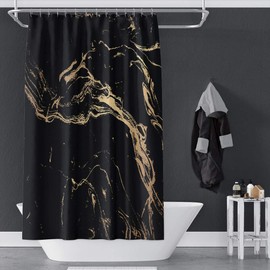 OERJU 65x72inch Marble Texture Shower Curtain Gold Powder Swirl Modern Abstract Art Luxury Black Waterproof Fabric Bathroom Polyester Shower Curtain for Bathtub Showers Machine Washable with Hooks