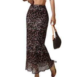 GORGLITTER Summer Skirt Women's Long Elegant Leopard Skirt Lightweight Skirts with High Waist Maxi Skirt Ruffle Skirt Casual Skirt Figure Party Skirt Summer Outfit, leo, S