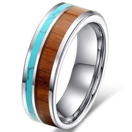 Fashion Month Womens 6mm Tungsten Ring Vintage Wedding Engagement Band with Koa Wood Solid Turquoise Flat Top for Her Size 7