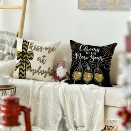 AVOIN colorlife Happy New Year Cheers at The New Year Throw Pillow Covers, 18 x 18 Inch Winter Holiday Celebrate Party Cushion Case Decoration for Sofa Couch Set of 4