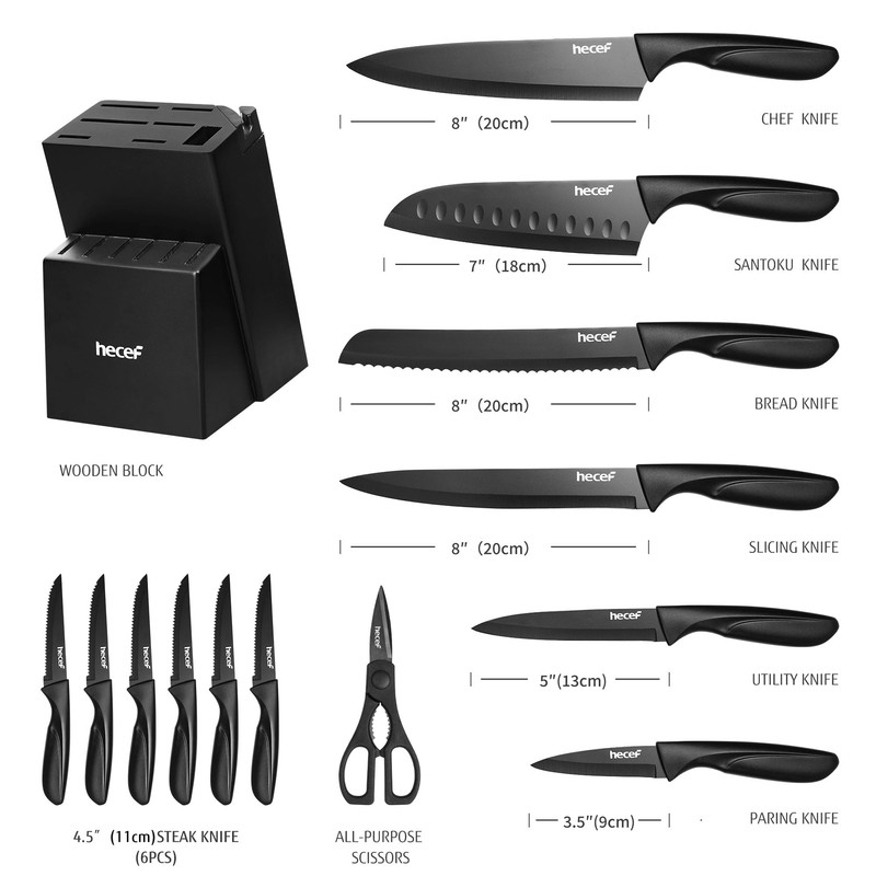 hecef 15PCS Black Knife Block Set with Built-in Sharpener –