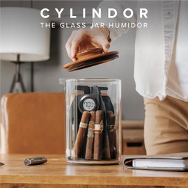 CASE ELEGANCE - Cylindor Humidor - Tupperdor Air-Tight Glass Jar, Acacia Wood Lid, Digital Hygrometer, Spanish Cedar, Divider System, and Starter Humidity Pack - Holds 25-35 Cigars