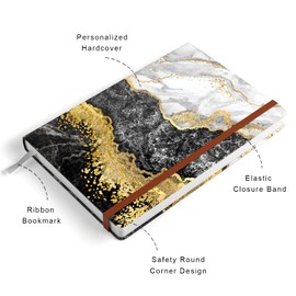 HUAMXE Lined Diary Notebook, Marble Hardcover, Medium 14.5 x 21.3 cm, 160 Pages Thick Paper, Aesthetic College Lined Notebook for Journaling, Writing, Work, Men, Women, Black